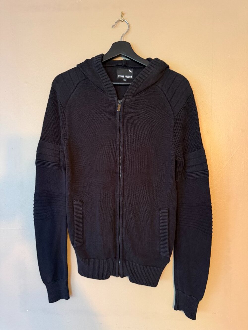 Stone Falcon Men's Black Moto Ribbed Knit Full Zip Sweater Hoodie Small